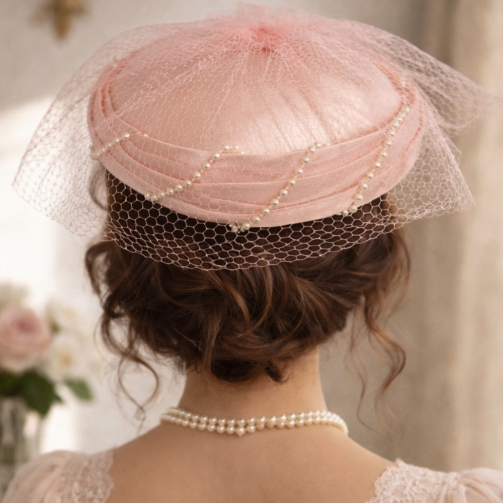 Vintage Lux 1950's Formal Pillbox Satin Hat Pearl Detail - Picture 2 of 9